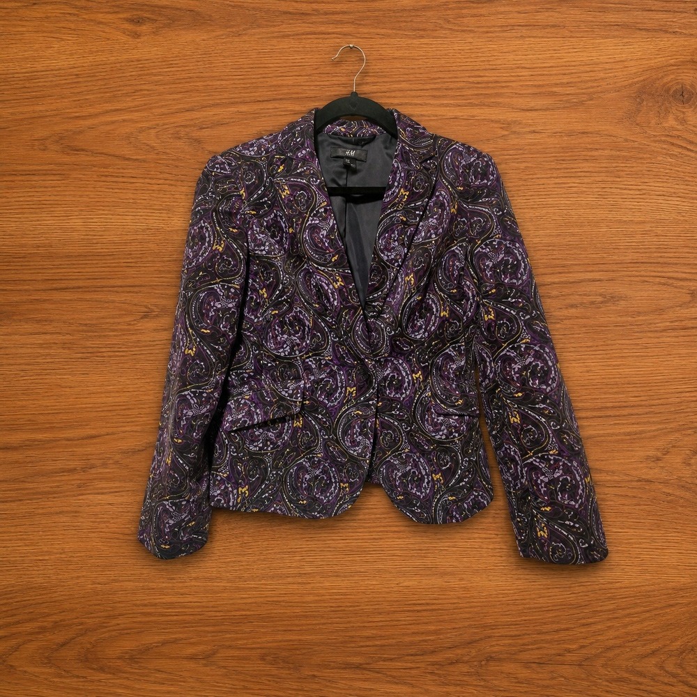 HM Purple Paisley Single Button Tailored Blazer Jacket Size 8 Notched Lapel